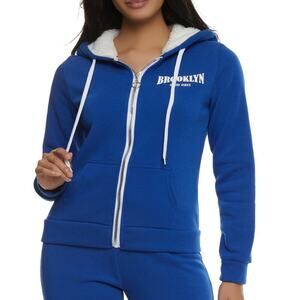 Love Brooklyn Good Vibes Sherpa Lined Zip Front Hoodie in Blue, Size Mโโโ